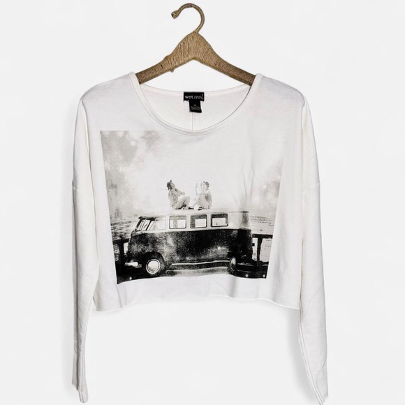 Y2K Wet Seal Volkswagen VW Bus crop Long Sleeve b&W Graphic print tee medium